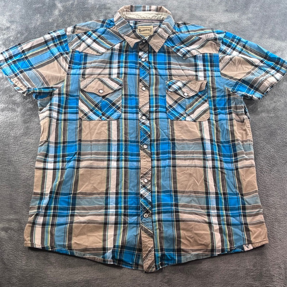 Roebuck & Co Mens XL Blue Tan Plaid Short Sleeve Western Snap Shirt